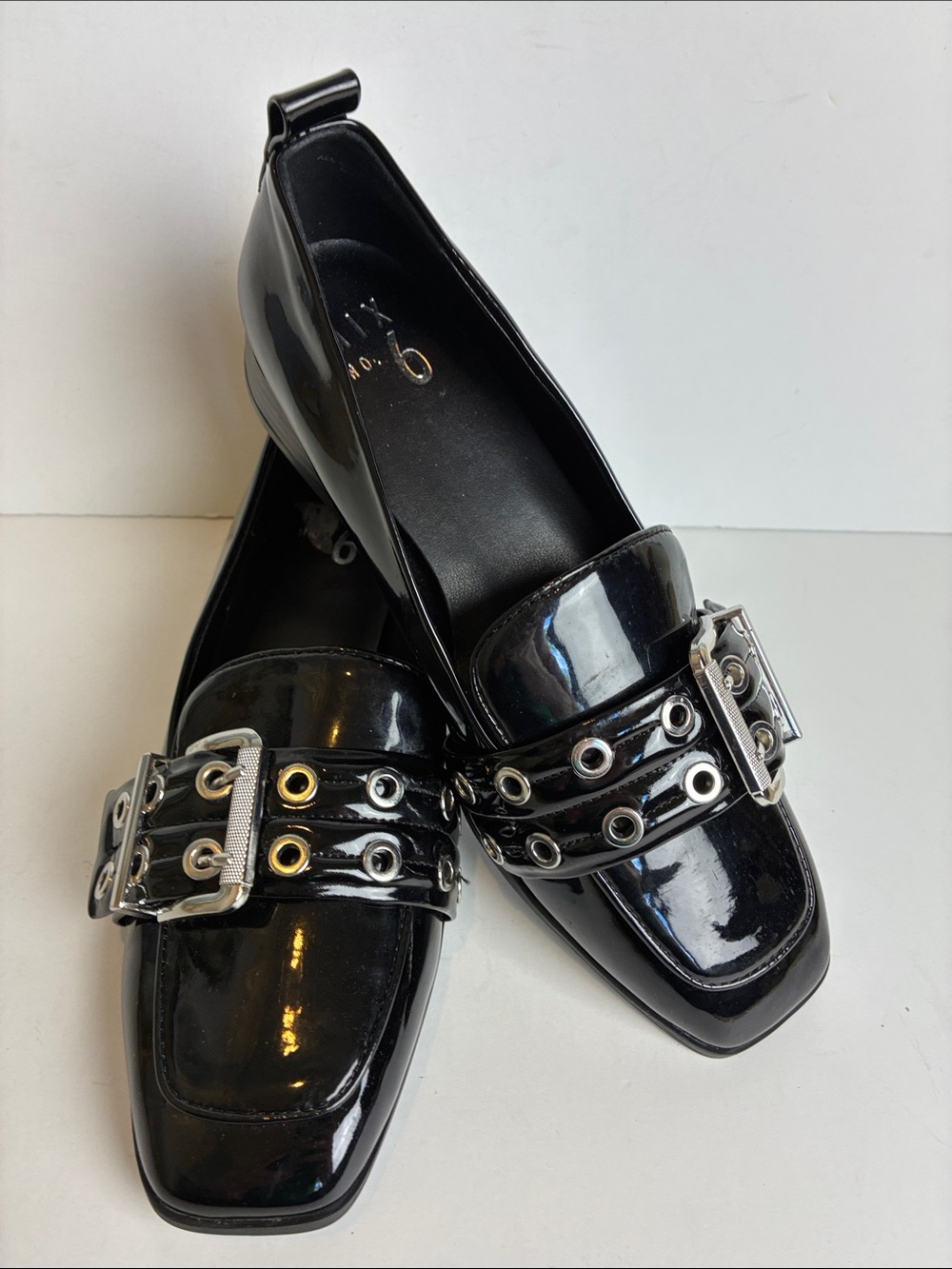 Mix No. 6 Piercie Black Patent Leather Loafer Shoes Metallic Grommet Buckle 7.5